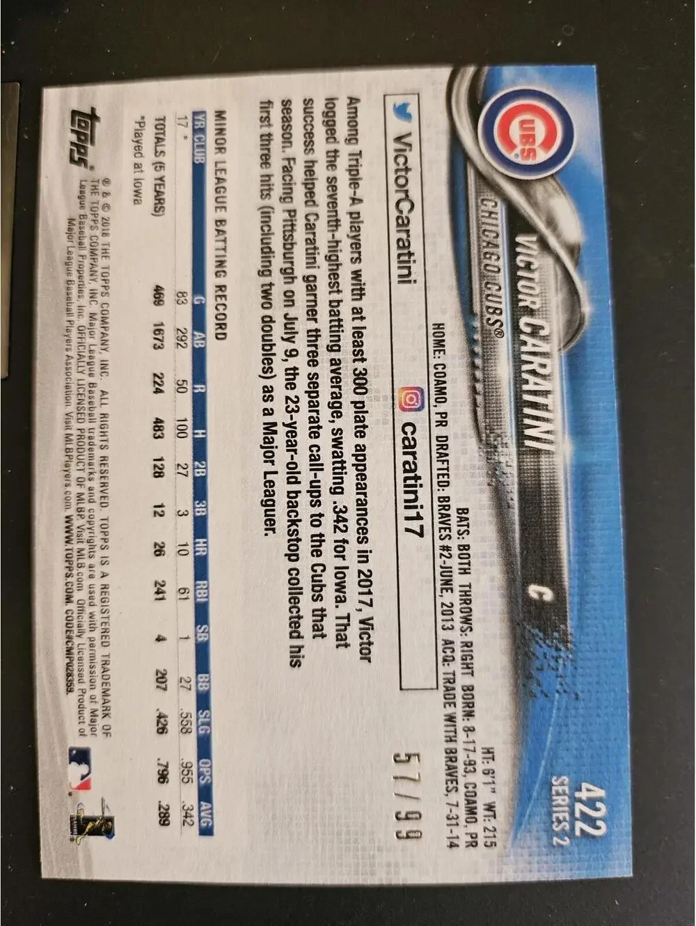 2018 Topps Victor Caratini RC - Vintage Set smiley Topps logo #422-No. 57/99 - Picture 3 of 4